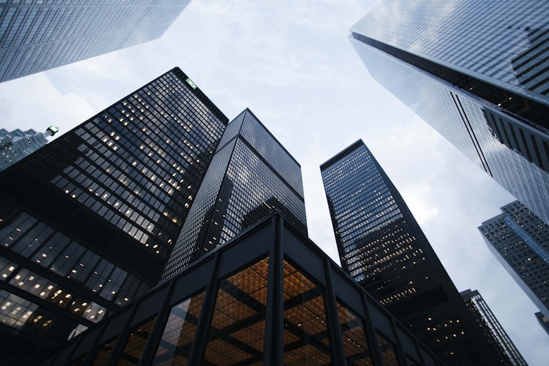 A financial-district skyline of office towers.